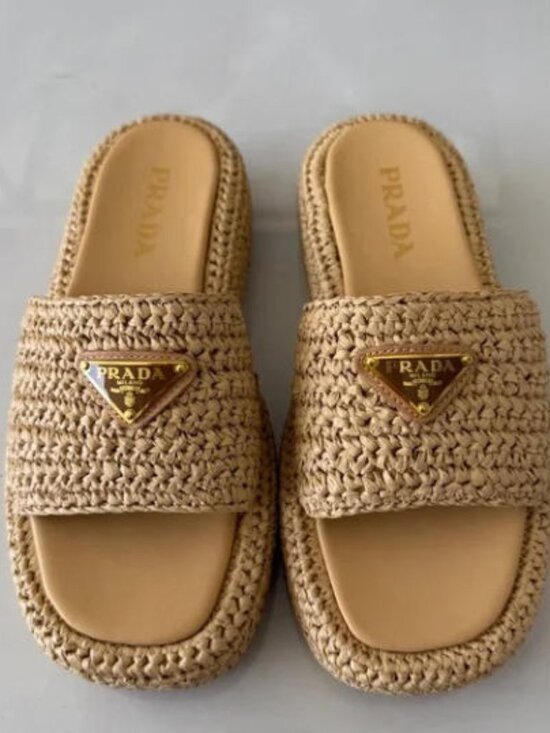 Prada Shoes - Prada Beige Woven Raffia Slide Sandals - Size 37